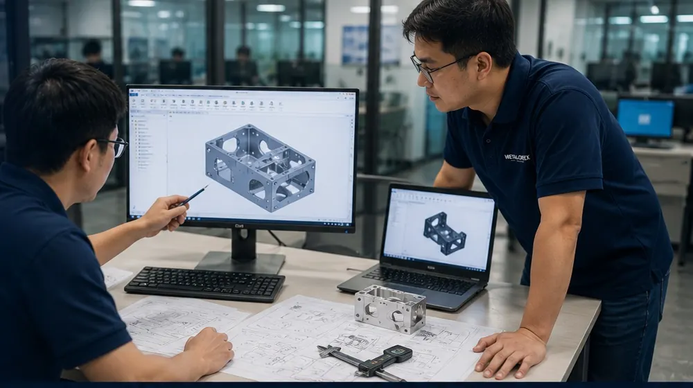 Engineering team reviewing CAD drawings and manufacturing requirements