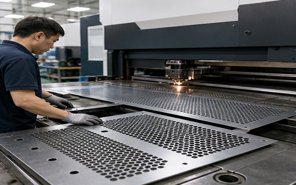 Sheet metal fabrication of perforated professional speaker grilles