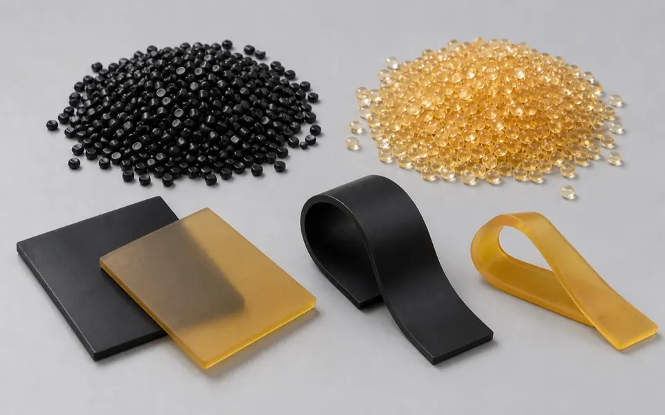 Black TPE and translucent TPU pellets flexible strips and material plaques
