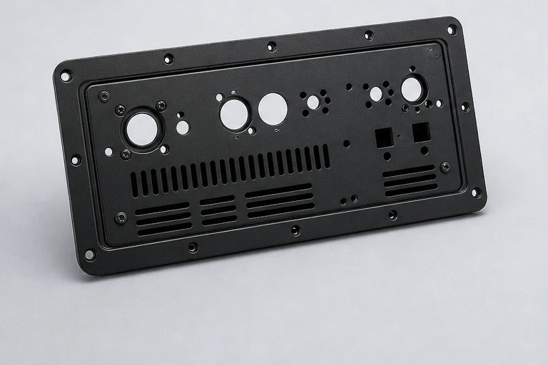 Blank active loudspeaker rear amplifier plate with ventilation and connector cutouts