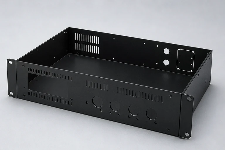 Black powder-coated rack amplifier sheet metal chassis