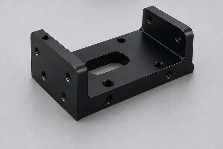 Black anodized CNC machined mounting bracket for professional audio electronics