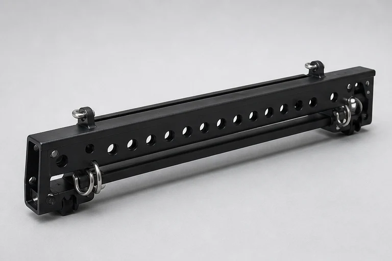 Line array speaker rigging rail and load-bearing mounting hardware
