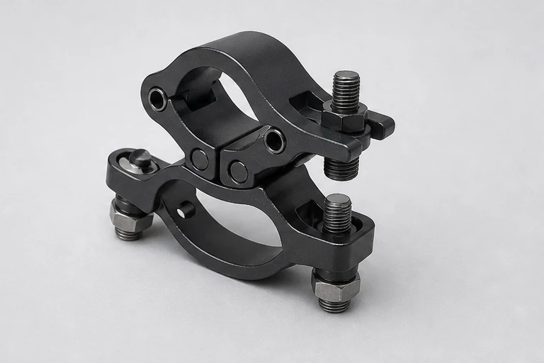 Black machined clamp bridge for professional audio rigging