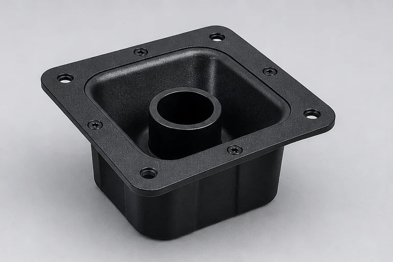 Recessed 35 millimeter pole mount cup for a PA loudspeaker cabinet