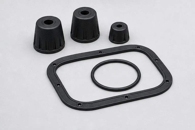 Molded rubber speaker cabinet feet with EPDM gasket and sealing ring