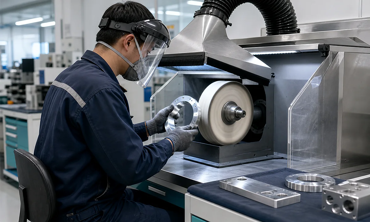 Operator polishing metal parts at a buffing wheel workstation
